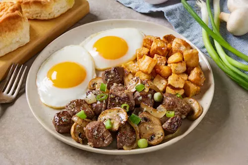 STEAK TIPS & EGGS