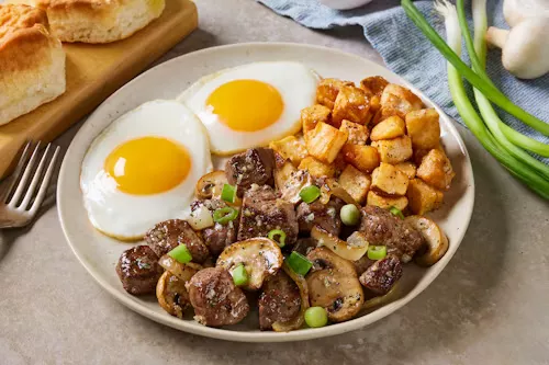 STEAK TIPS & EGGS